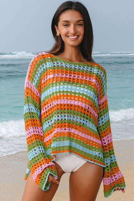 Carrot Multi Stripe Open Knit Sweater Beach Cover Up - Chaelisa's New Jammies