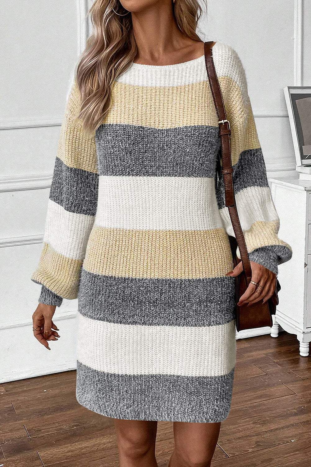 Gray Stripe Colorblock Bubble Sleeve Drop Shoulder Sweater Dress-Chaelisa's New Jammies