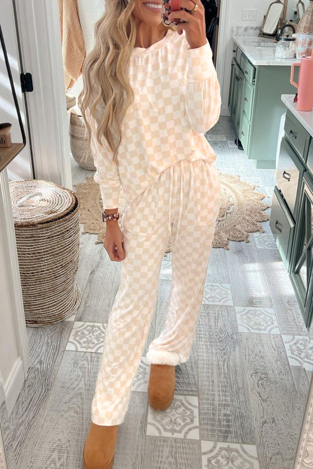 Beige Checkered Print Long Sleeve Top and Pants Lounge Set-Chaelisa's New Jammies