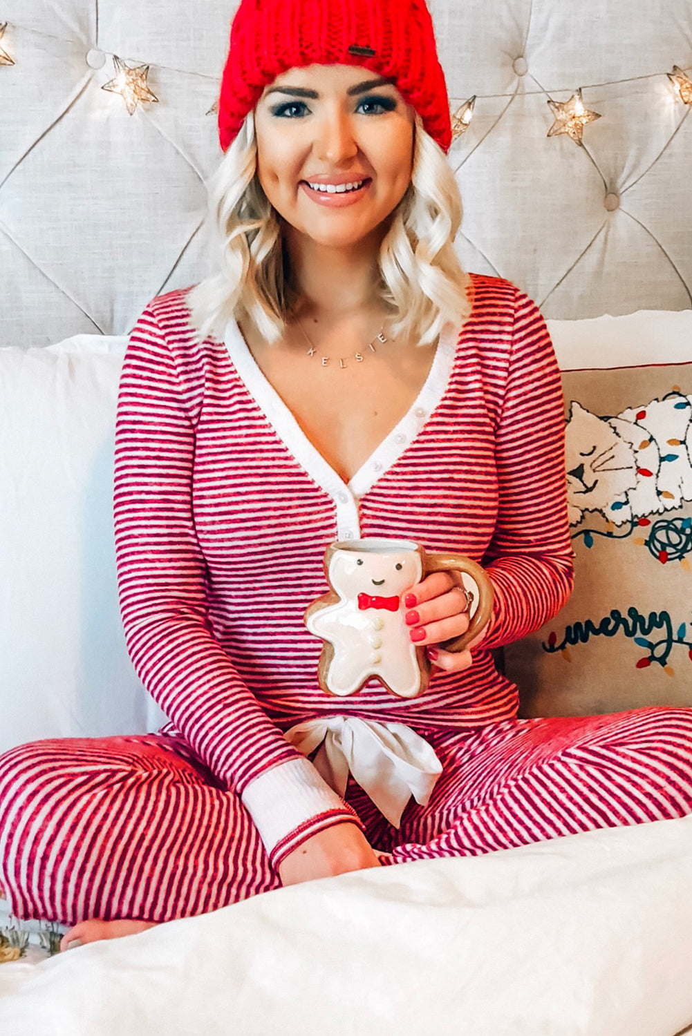 Red Stripe Buttoned V Neck Top and Knotted Waist Pants Lounge Set-Chaelisa's New Jammies
