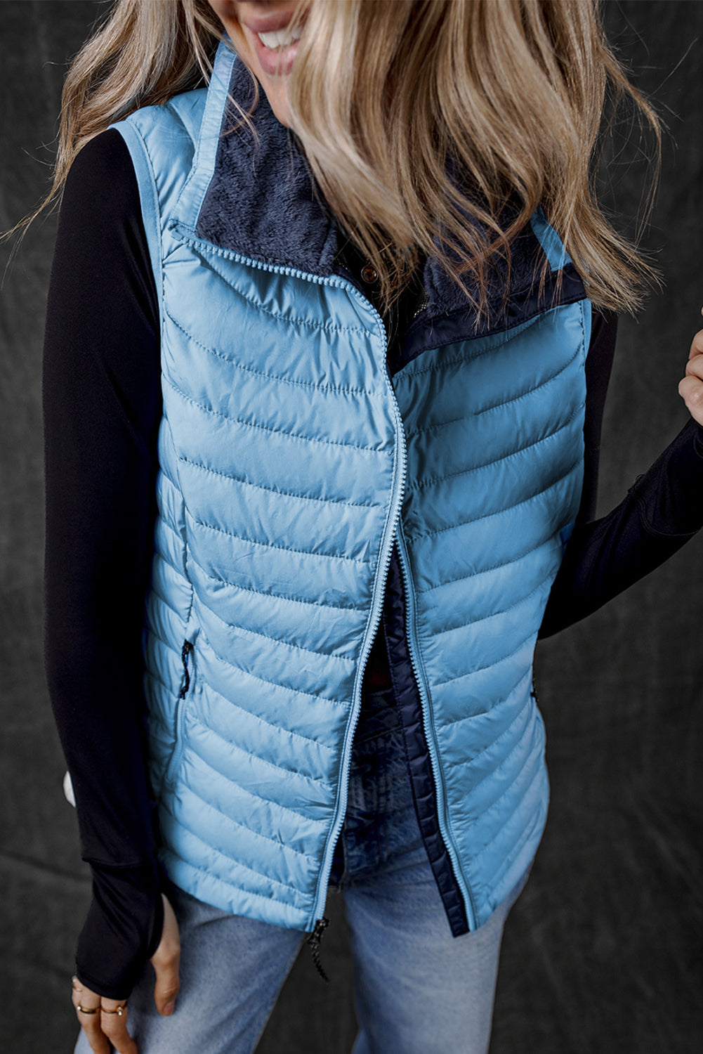 Sky Blue Plush Collared Quilted Zipped Puffer Vest-Chaelisa's New Jammies