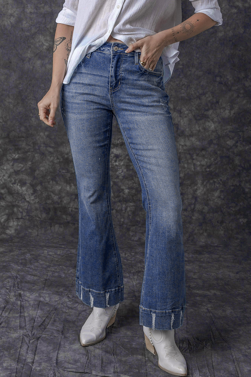 Sky Blue Slight Distressed Medium Wash Flare Jeans-Chaelisa's New Jammies