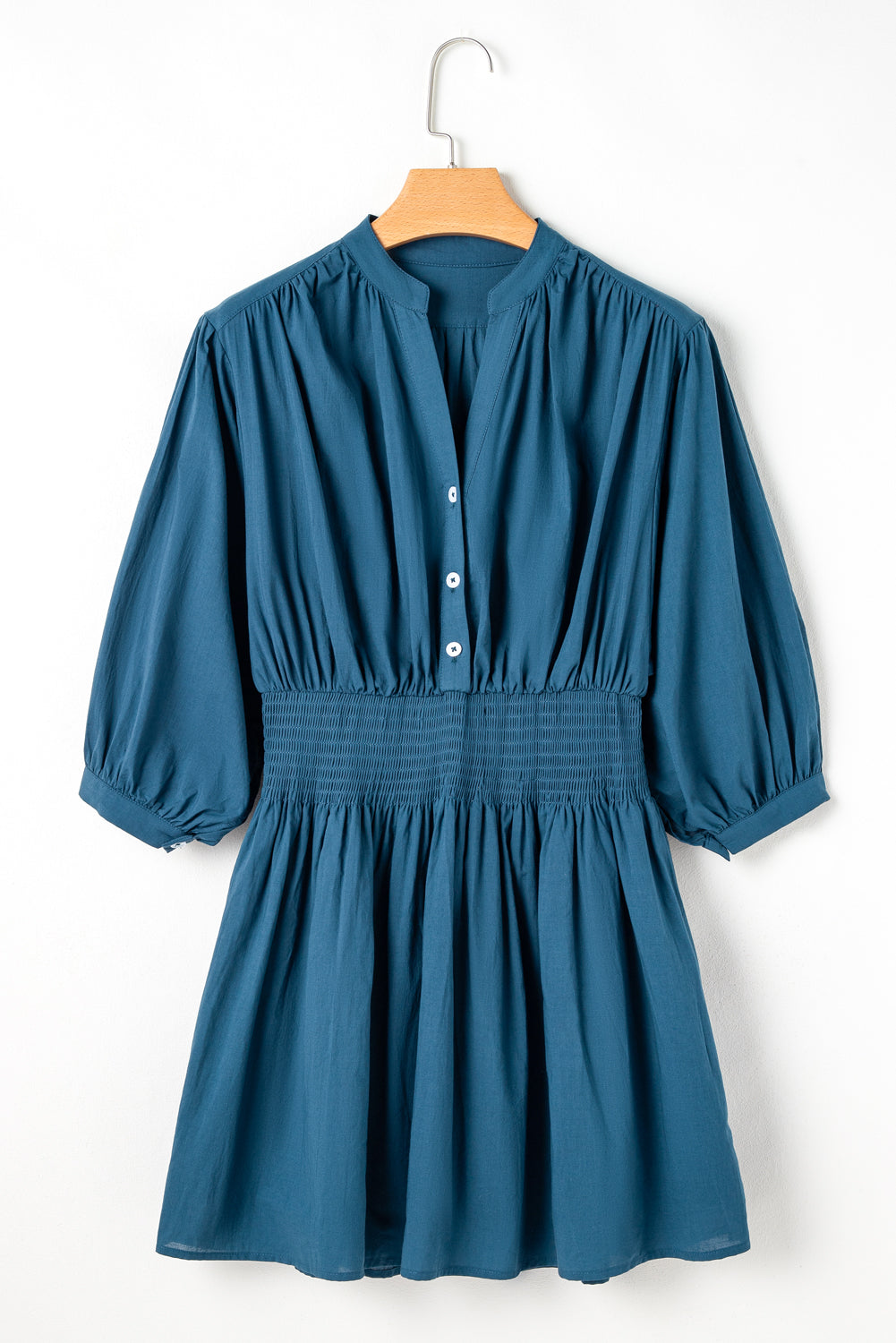 Prussian Blue 3/4 Sleeve Shirred High Waist Buttoned Mini Dress-Chaelisa's New Jammies