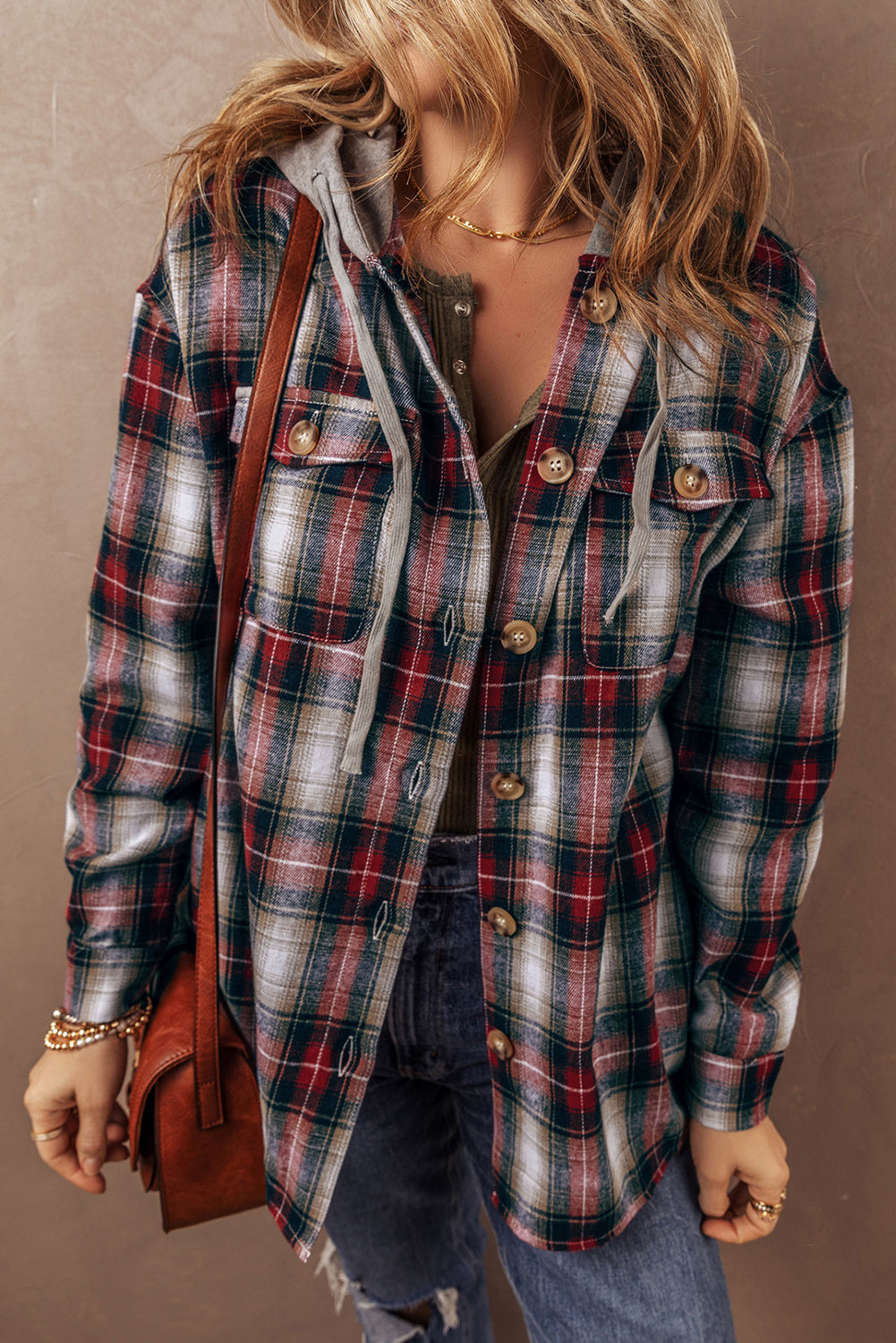 Red Plaid Print Chest Pocket Buttoned Hooded Shacket-Chaelisa's New Jammies