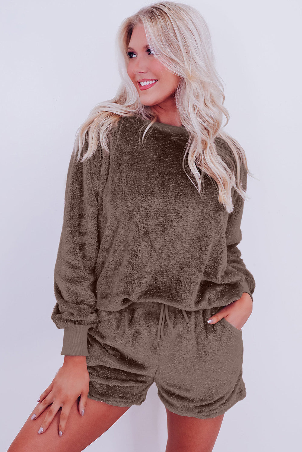 Coffee Solid Loose Fit Two Piece Fleece Lounge Set-Chaelisa's New Jammies