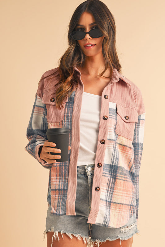 Light Pink Plaid Corduroy Patchwork Pocket Loose Shacket-Chaelisa's New Jammies