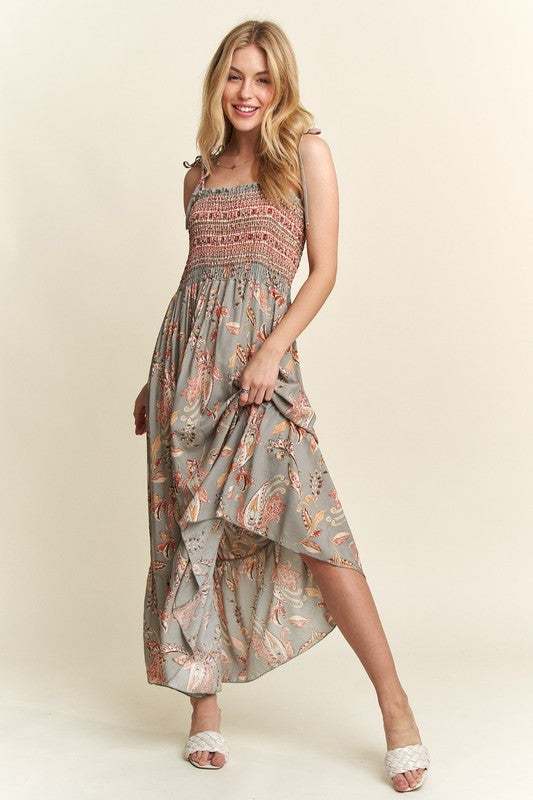 ADORA Smocked Printed Square Neck Tie Shoulder Cami Dress-Chaelisa's New Jammies