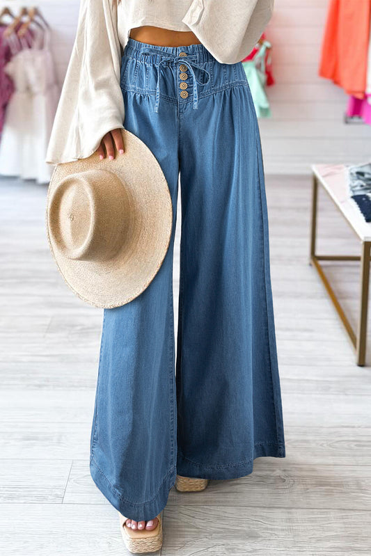 Dusk Blue Mineral Wash Button Fly Waist Wide Leg Jeans-Chaelisa's New Jammies