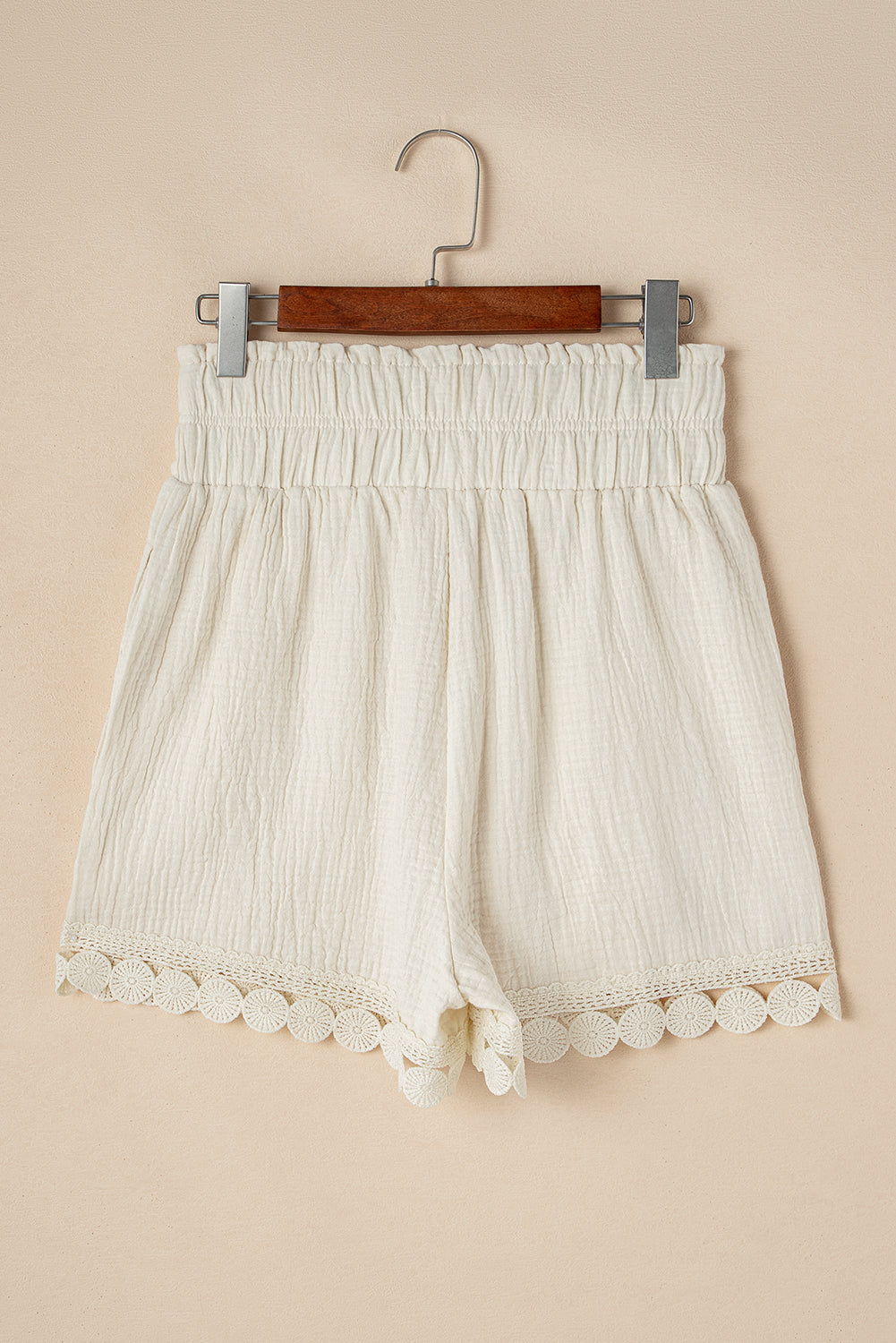 Apricot Textured Frilled Knotted High Waist Lace Hem Shorts-Chaelisa's New Jammies