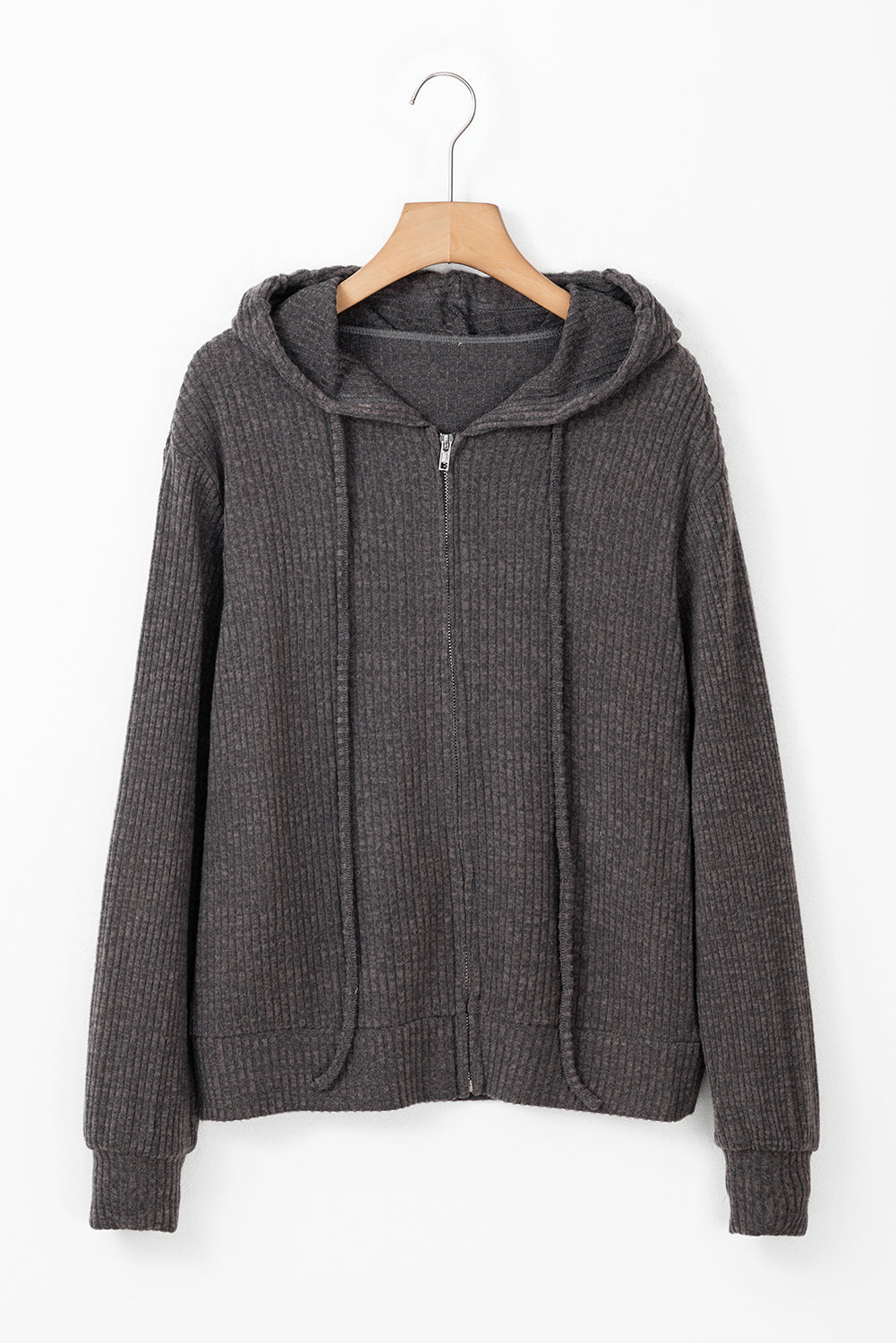Dark Grey Ribbed Zip Up Front Drawstring Hoodie-Chaelisa's New Jammies