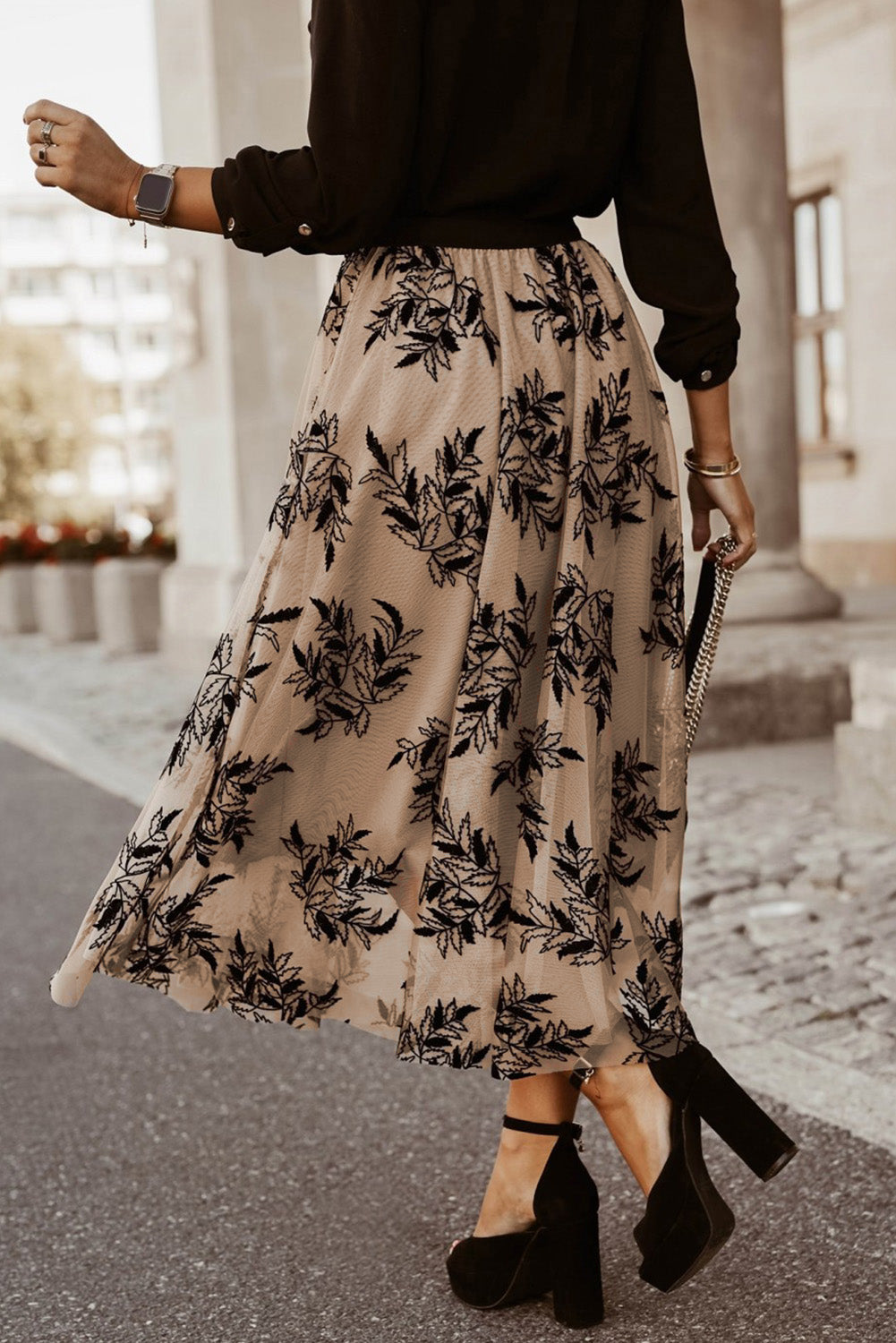 Apricot Floral Leaves Embroidered High Waist Maxi Skirt-Chaelisa's New Jammies