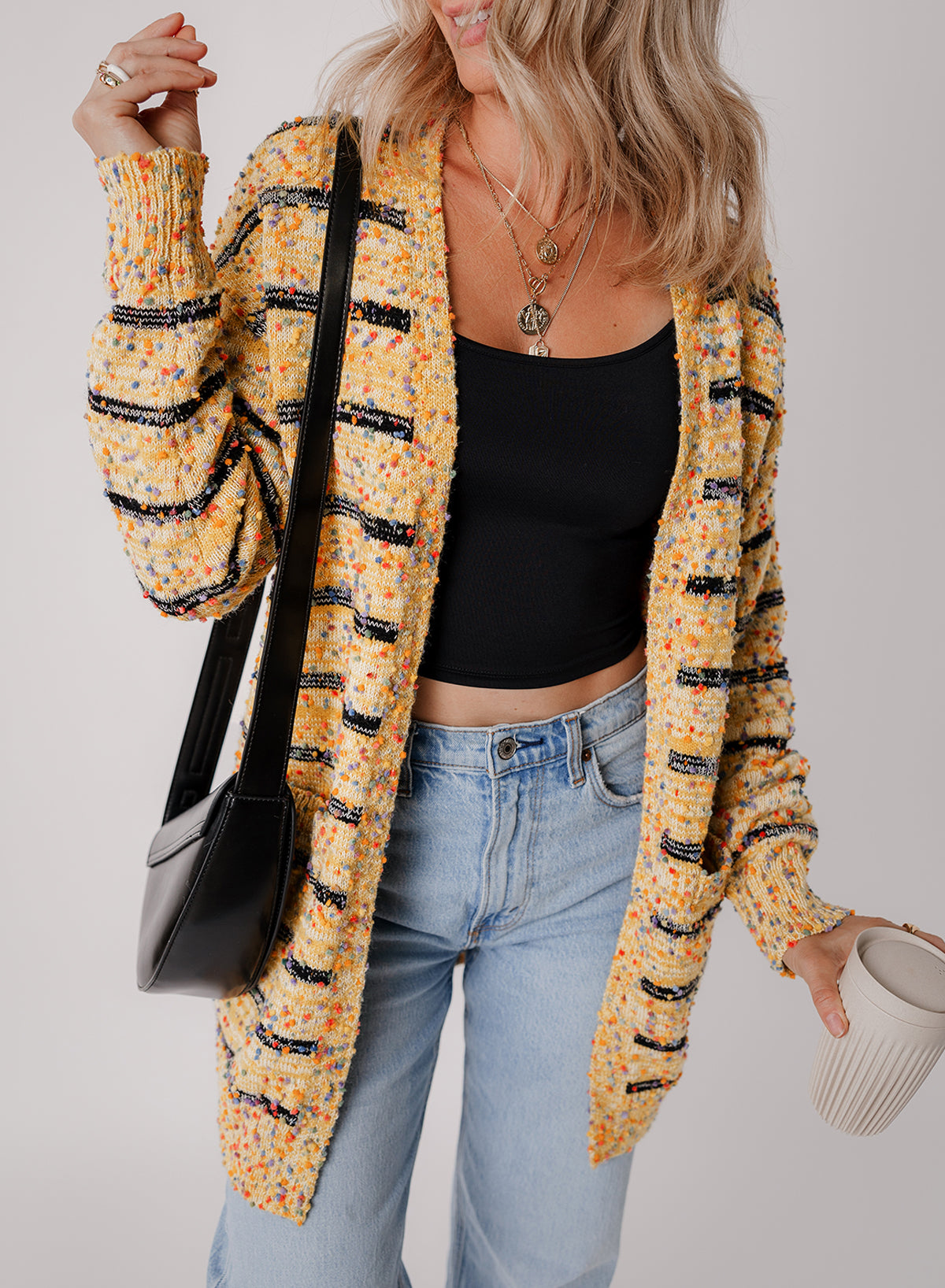 Beige Striped Pom Pom Knit Open Front Long Cardigan-Chaelisa's New Jammies