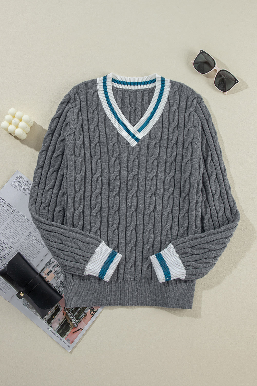 Medium Grey Color Contrast Ribbed Edge Cable Knit V Neck Sweater-Chaelisa's New Jammies