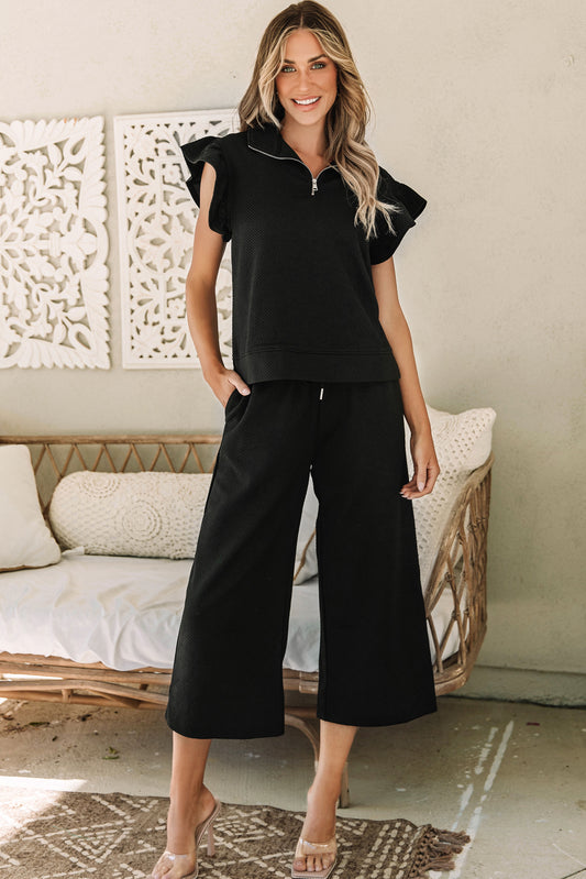 Black Textured Flutter Sleeve Top Wide Leg Pants Set-Chaelisa's New Jammies