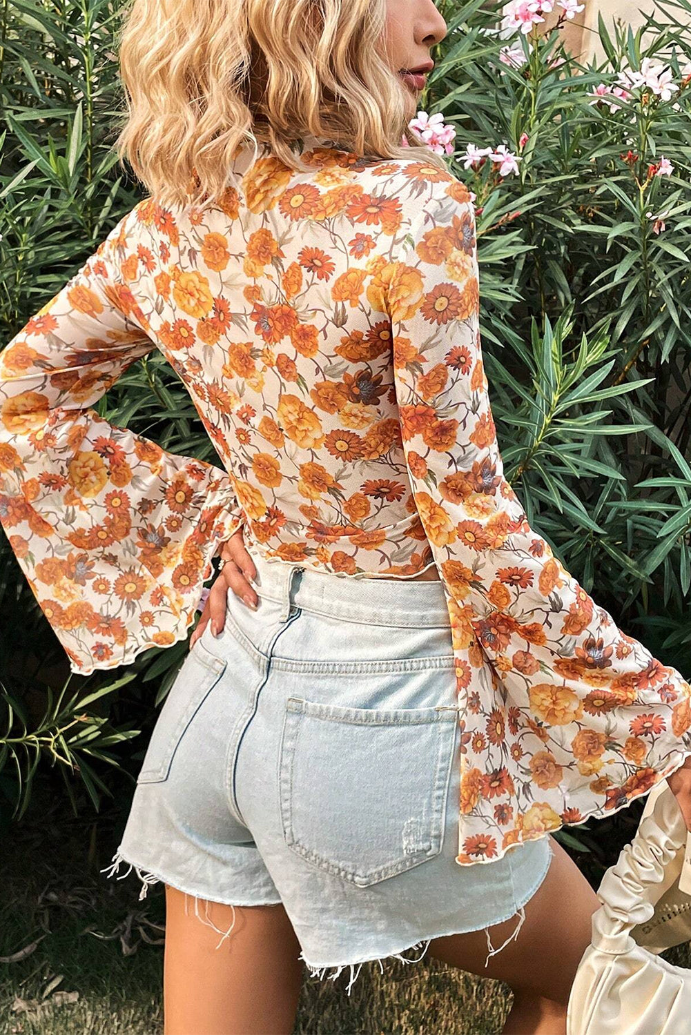 Orange Floral Printed Bell Sleeve Mock Neck Scallop Trim Blouse-Chaelisa's New Jammies