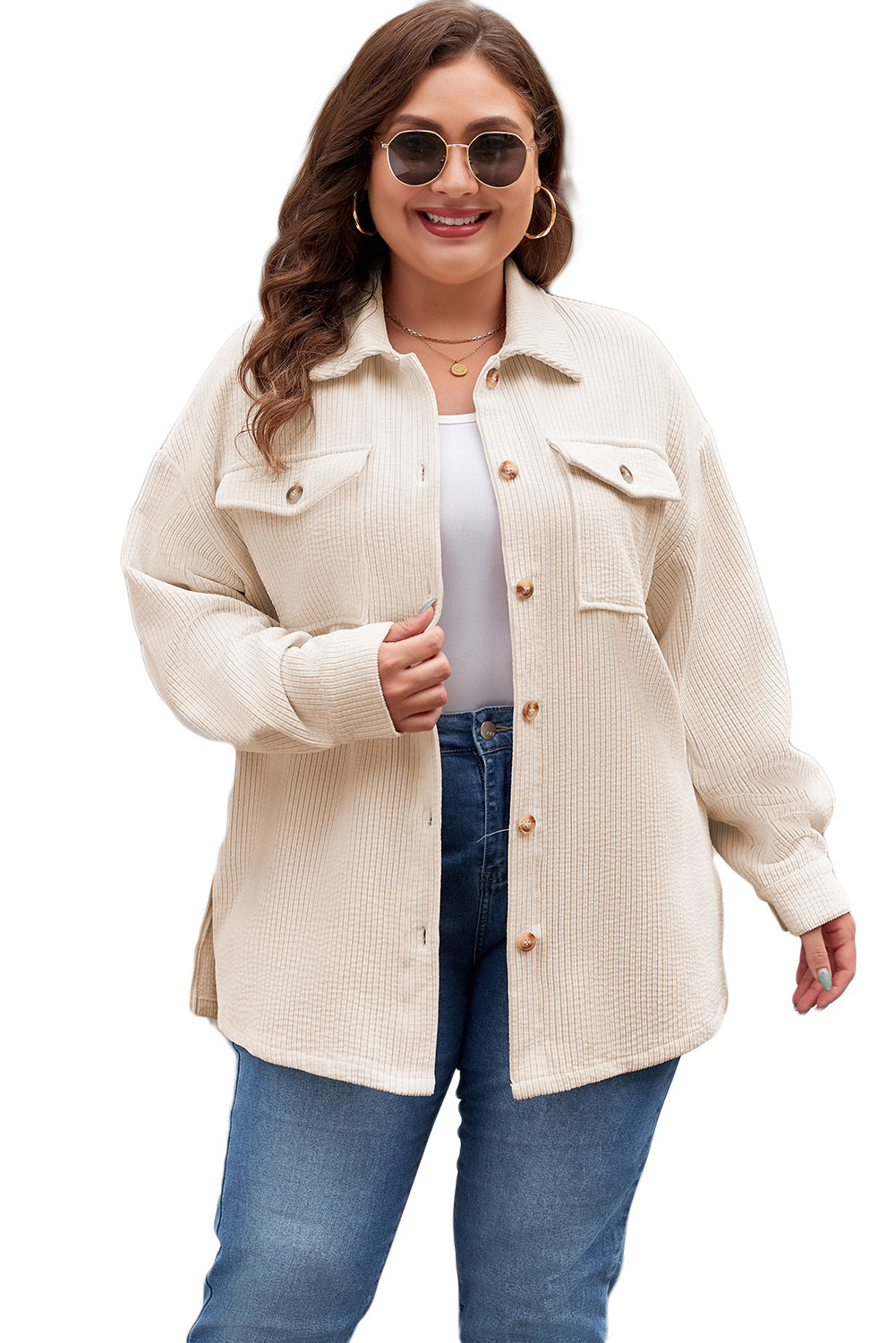 Oatmeal Textured Flap Pockets Buttoned Plus Size Shacket-Chaelisa's New Jammies