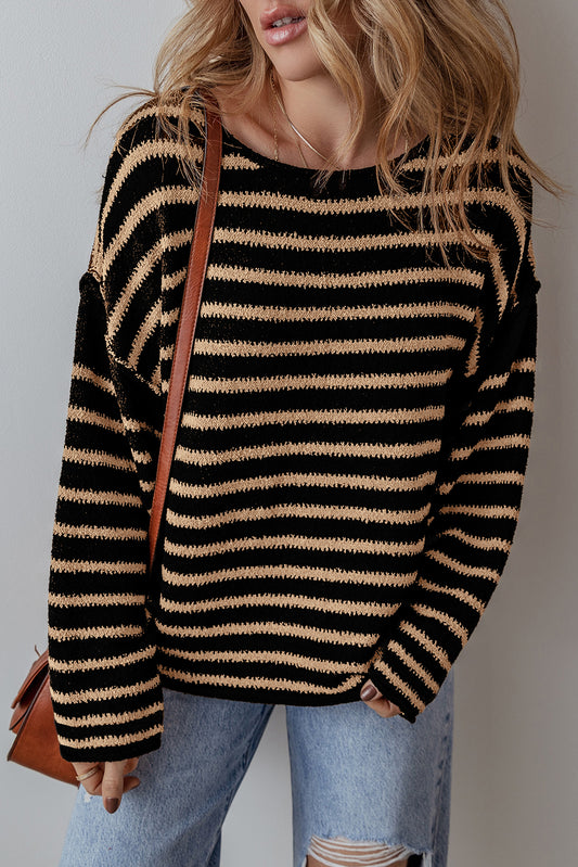 Black Stripe Drop Shoulder Round Neck Loose Sweater-Chaelisa's New Jammies