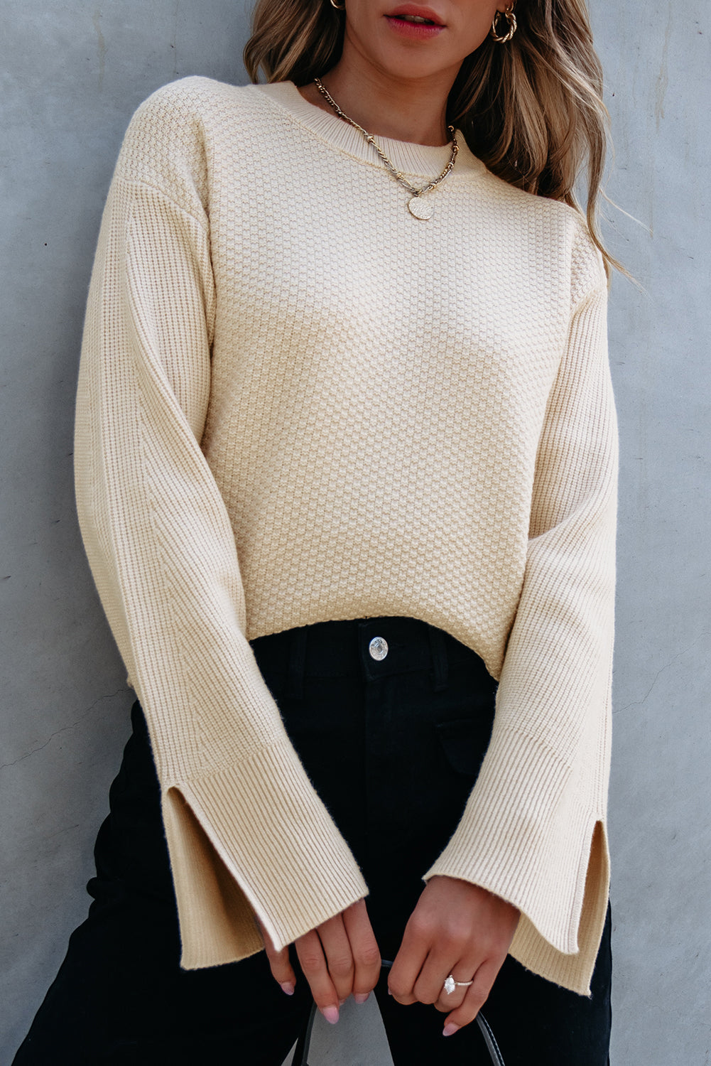 Parchment Solid Textured Knit Split Cuff Drop Shoulder Loose Sweater-Chaelisa's New Jammies