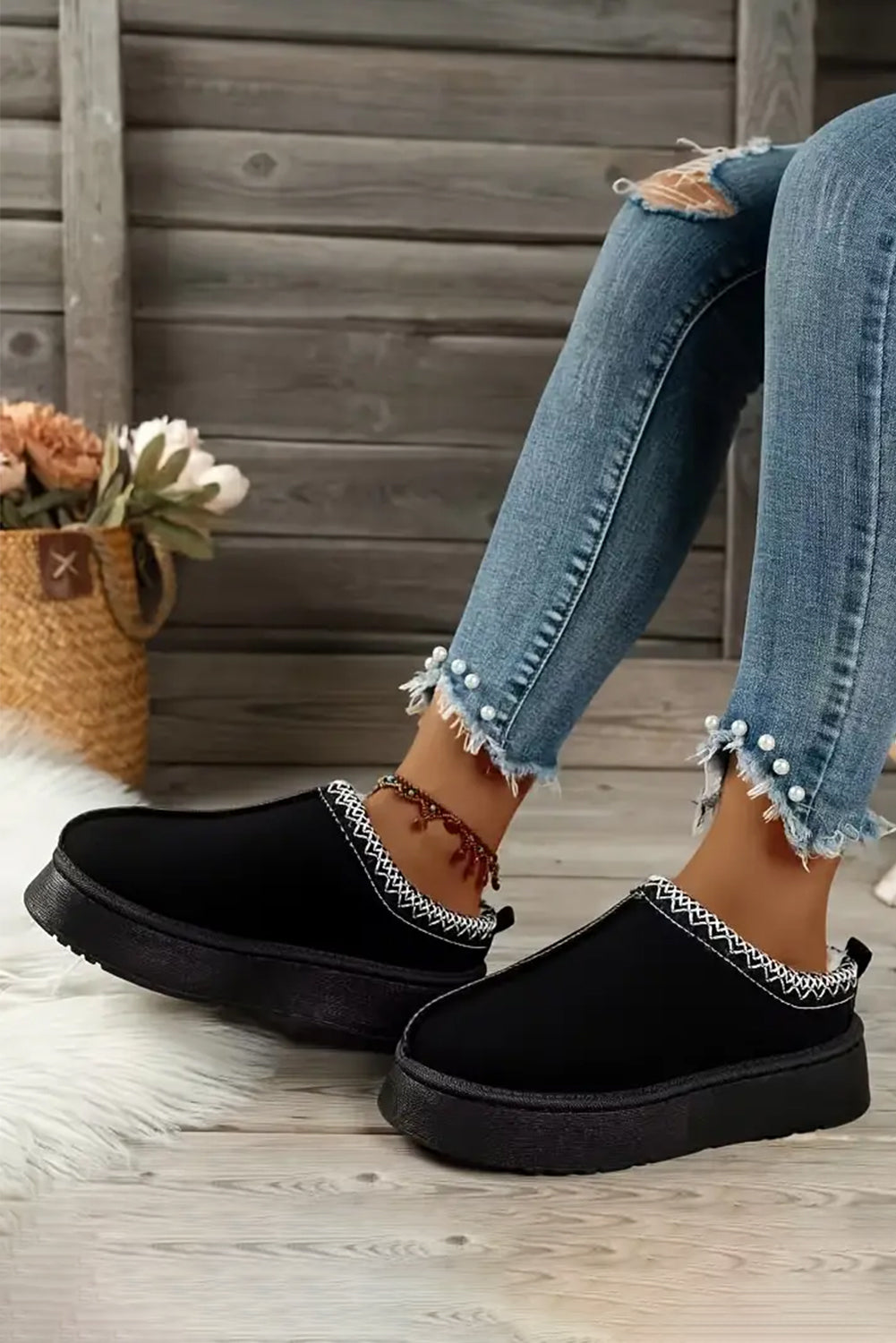 Black Contrast Print Suede Plush Lined Snow Boots-Chaelisa's New Jammies