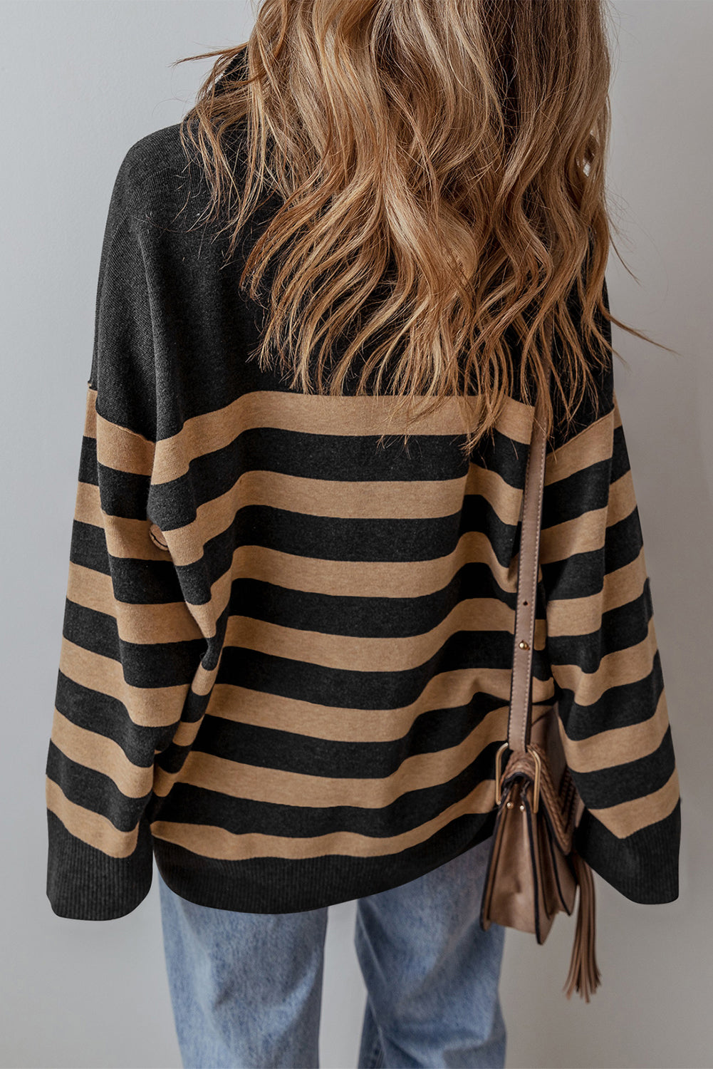 Black Stripe Collared Quarter Zipper Oversized Sweater-Chaelisa's New Jammies