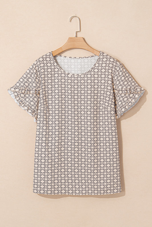Khaki Plus Size Geometric Print Ruffled Sleeve Blouse-Chaelisa's New Jammies