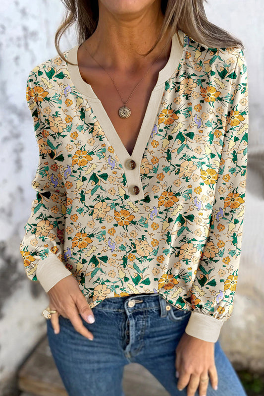 Khaki Floral Print Button Notched V Neck Long Sleeve Top