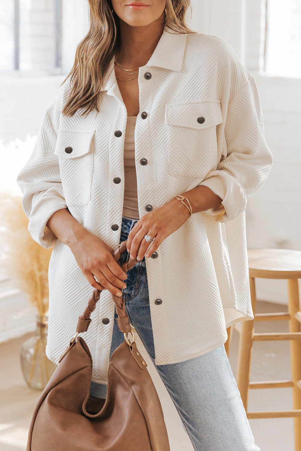 Solid Textured Flap Pocket Buttoned Shacket-Chaelisa's New Jammies