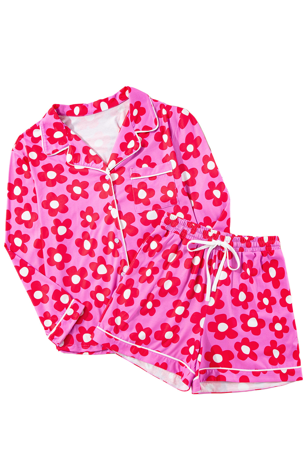 Pink Flower Print Long Sleeve Shirt Shorts Pajamas Set-Chaelisa's New Jammies