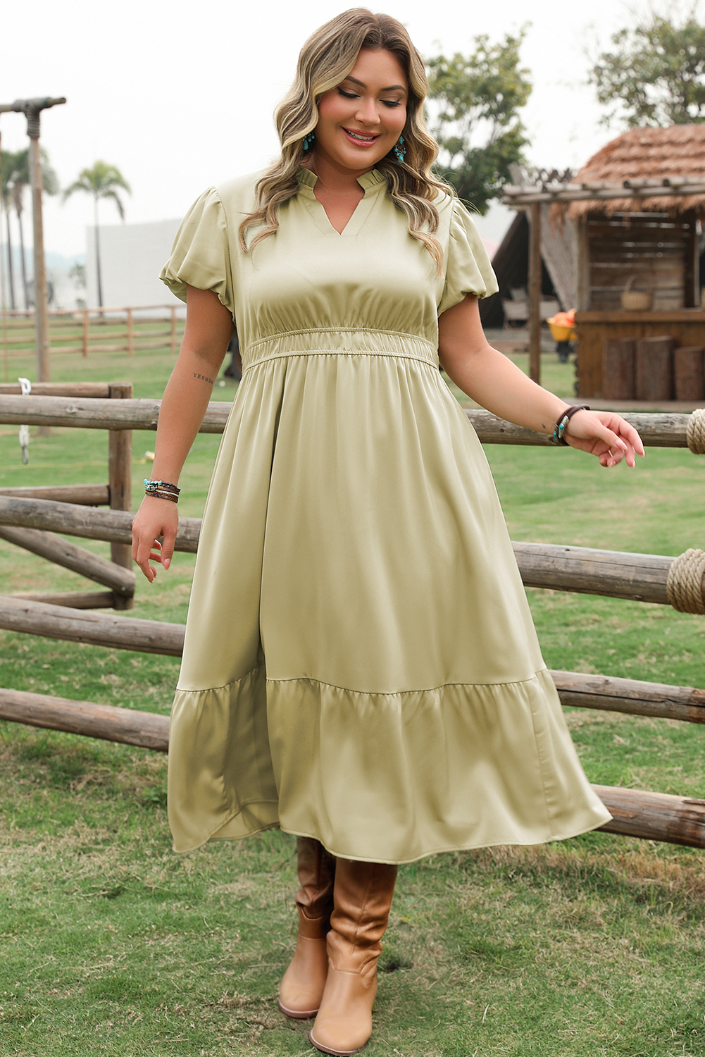 Laurel Green Notched V Neck Puff Sleeve Tiered Plus Size Maxi Dress-Chaelisa's New Jammies