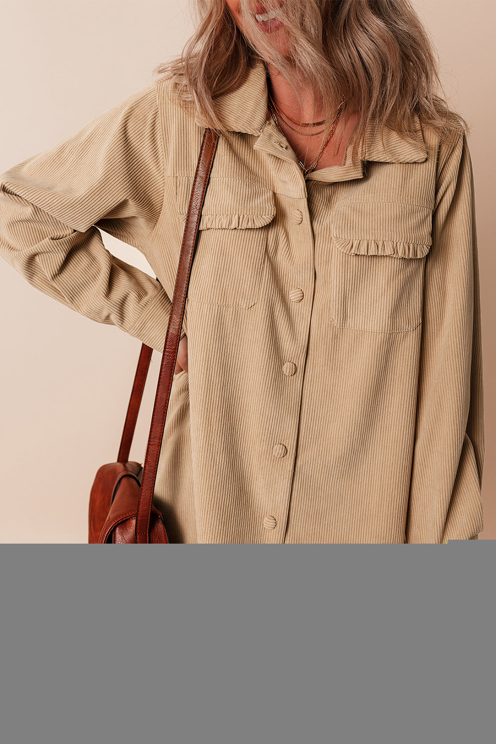 Light French Beige Solid Frilled Flap Pocket Button Up Corduroy Shacket-Chaelisa's New Jammies