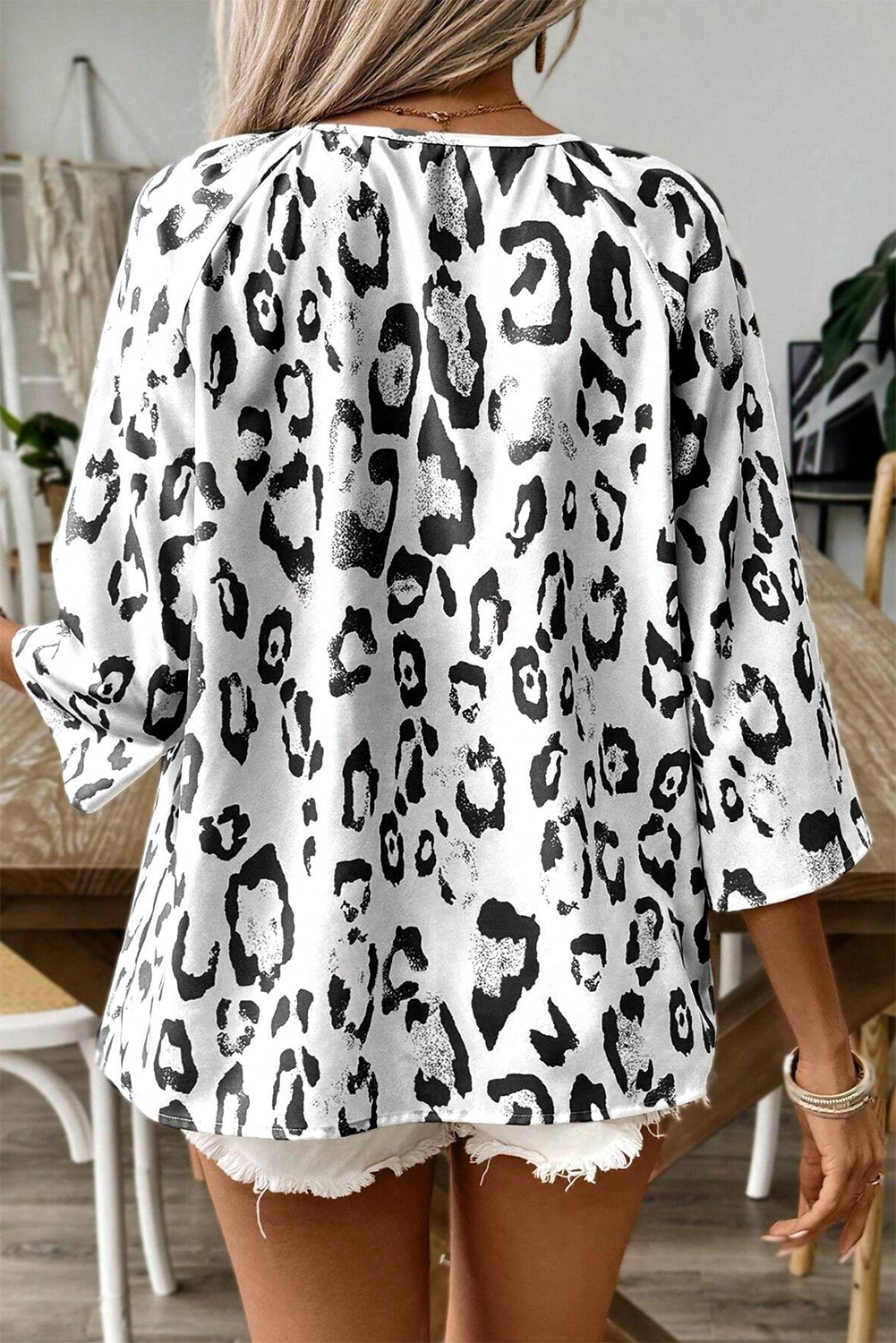 Black Leopard Print Ruched V Neck 3/4 Sleeve Blouse-Chaelisa's New Jammies