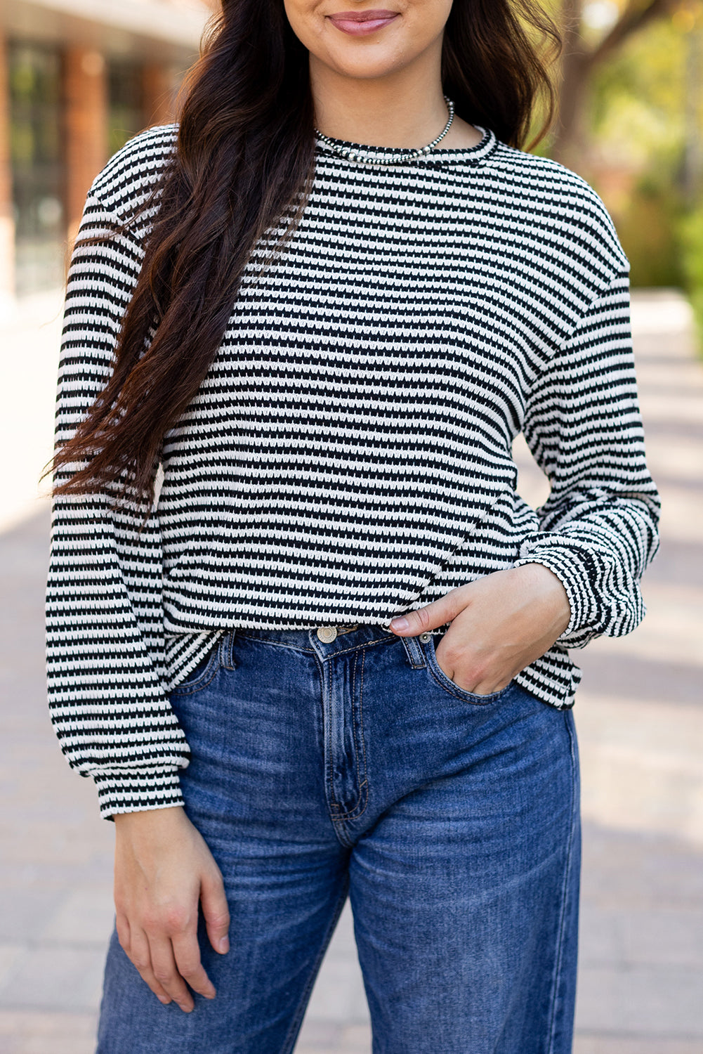 Black Stripe Round Neck Drop Shoulder Long Sleeve Top-Chaelisa's New Jammies
