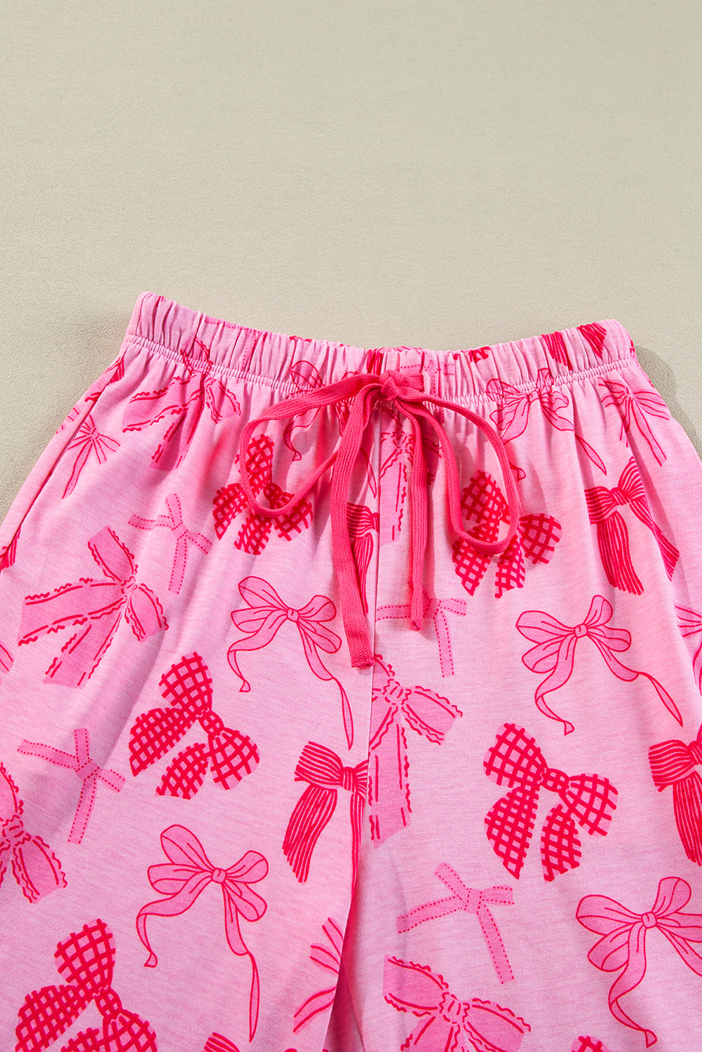Pink Bow Knot Print Lapel Collar Short Sleeve and Pants Pajamas Set-Chaelisa's New Jammies