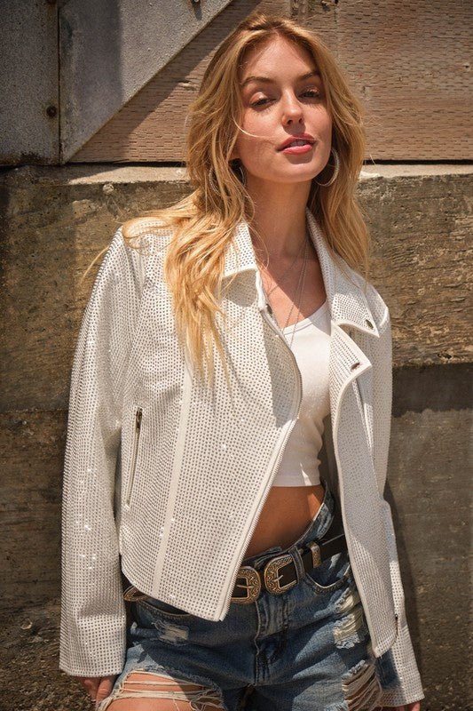 Crystal Studded Stretch Zip Up Moto Jacket - Chaelisa's New Jammies