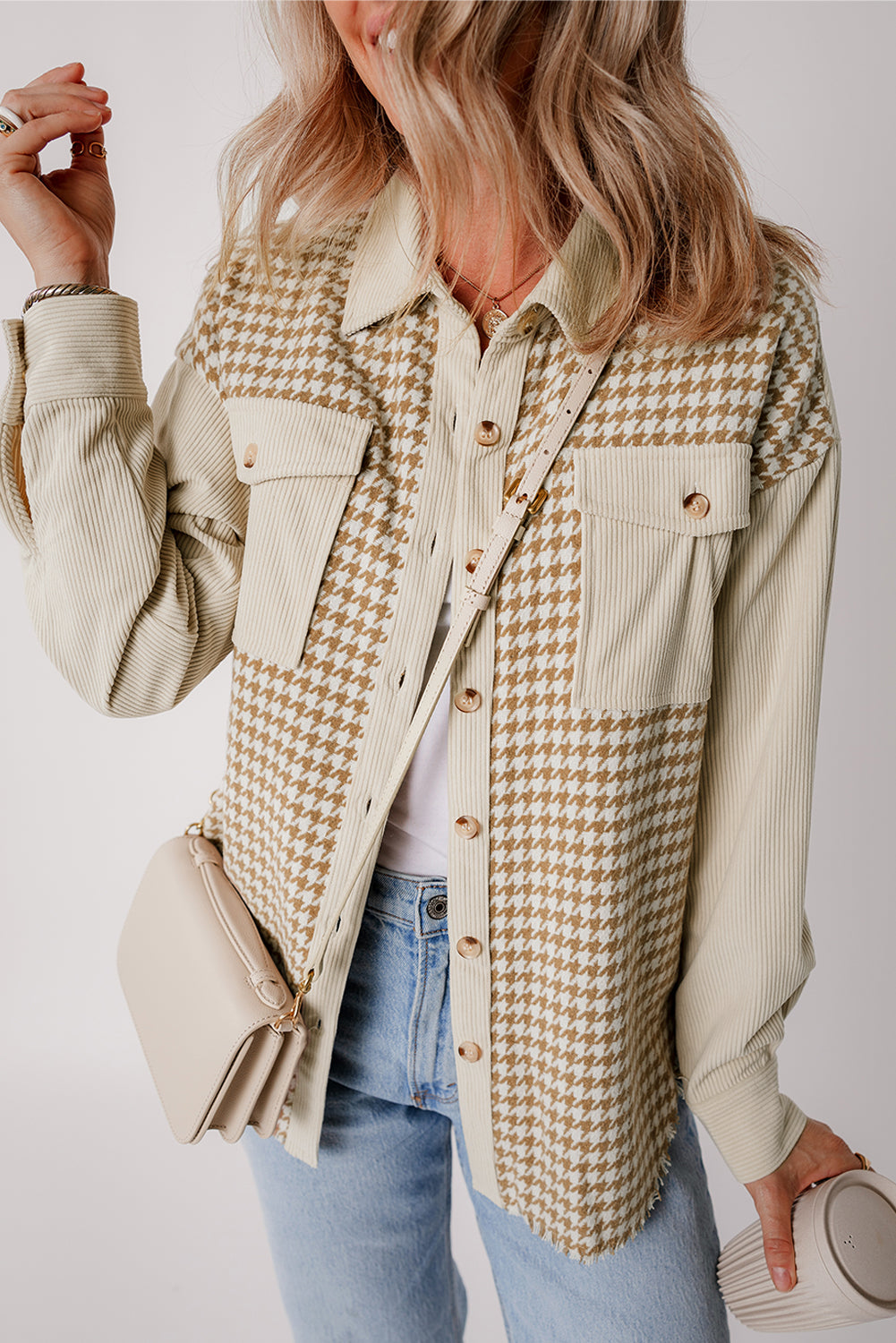 Parchment Houndstooth Corduroy Patchwork Flap Pocket Shacket-Chaelisa's New Jammies
