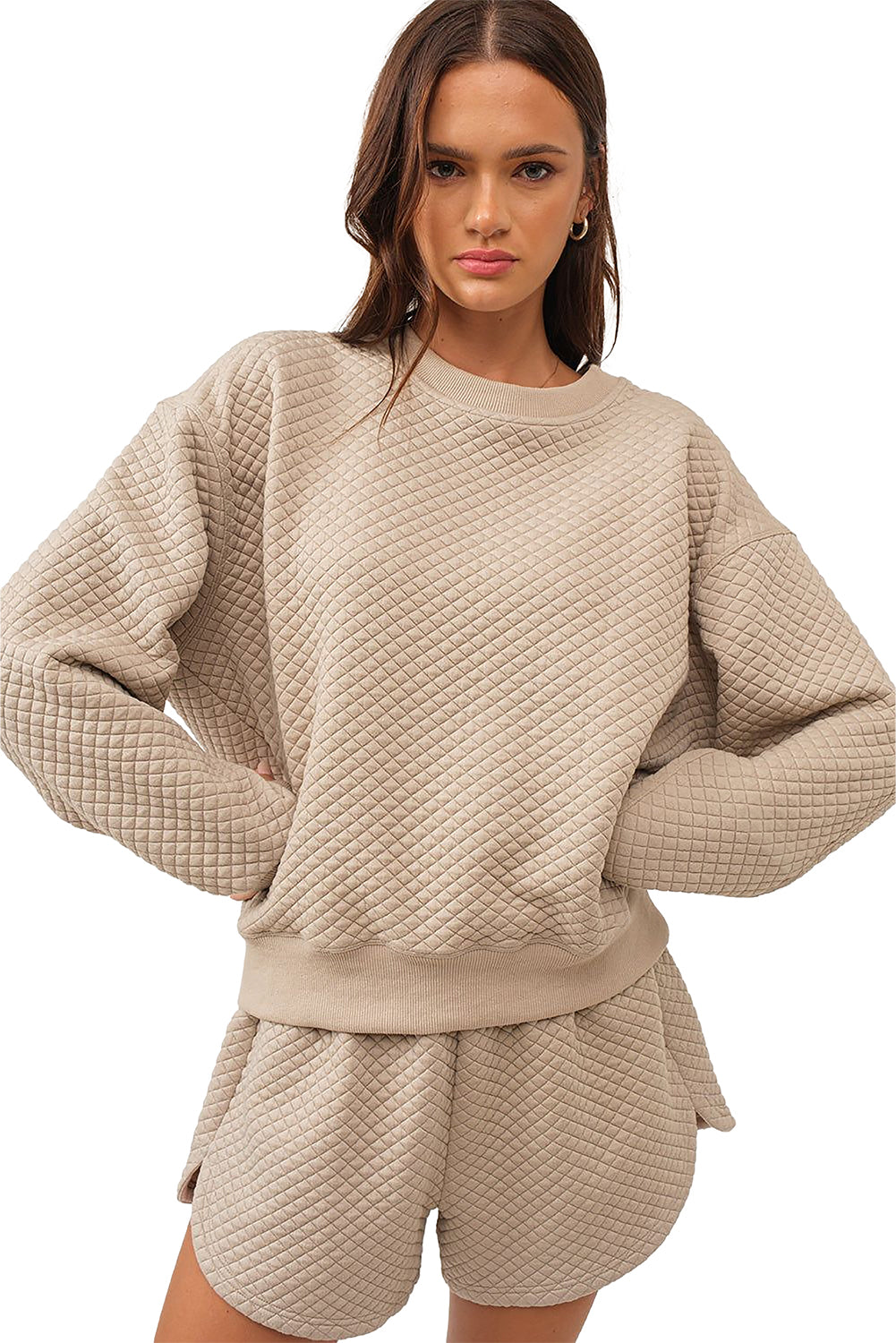 Parchment Solid Color Quilted Long Sleeve Top and Shorts Set-Chaelisa's New Jammies
