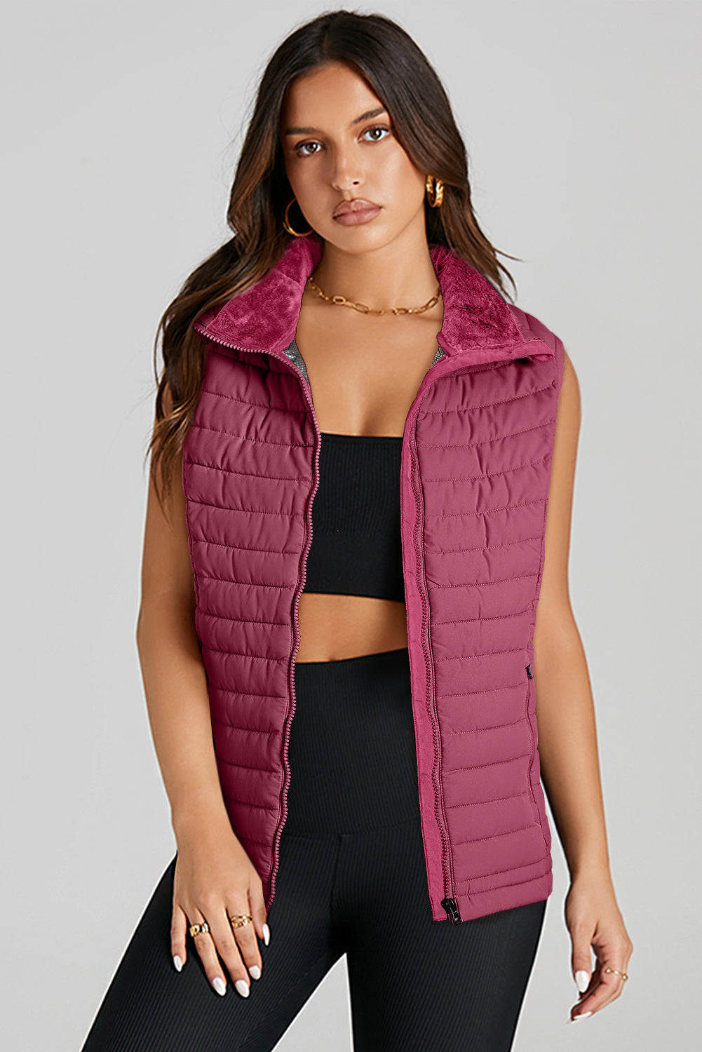 Burgundy Plush Collared Quilted Zipped Puffer Vest-Chaelisa's New Jammies