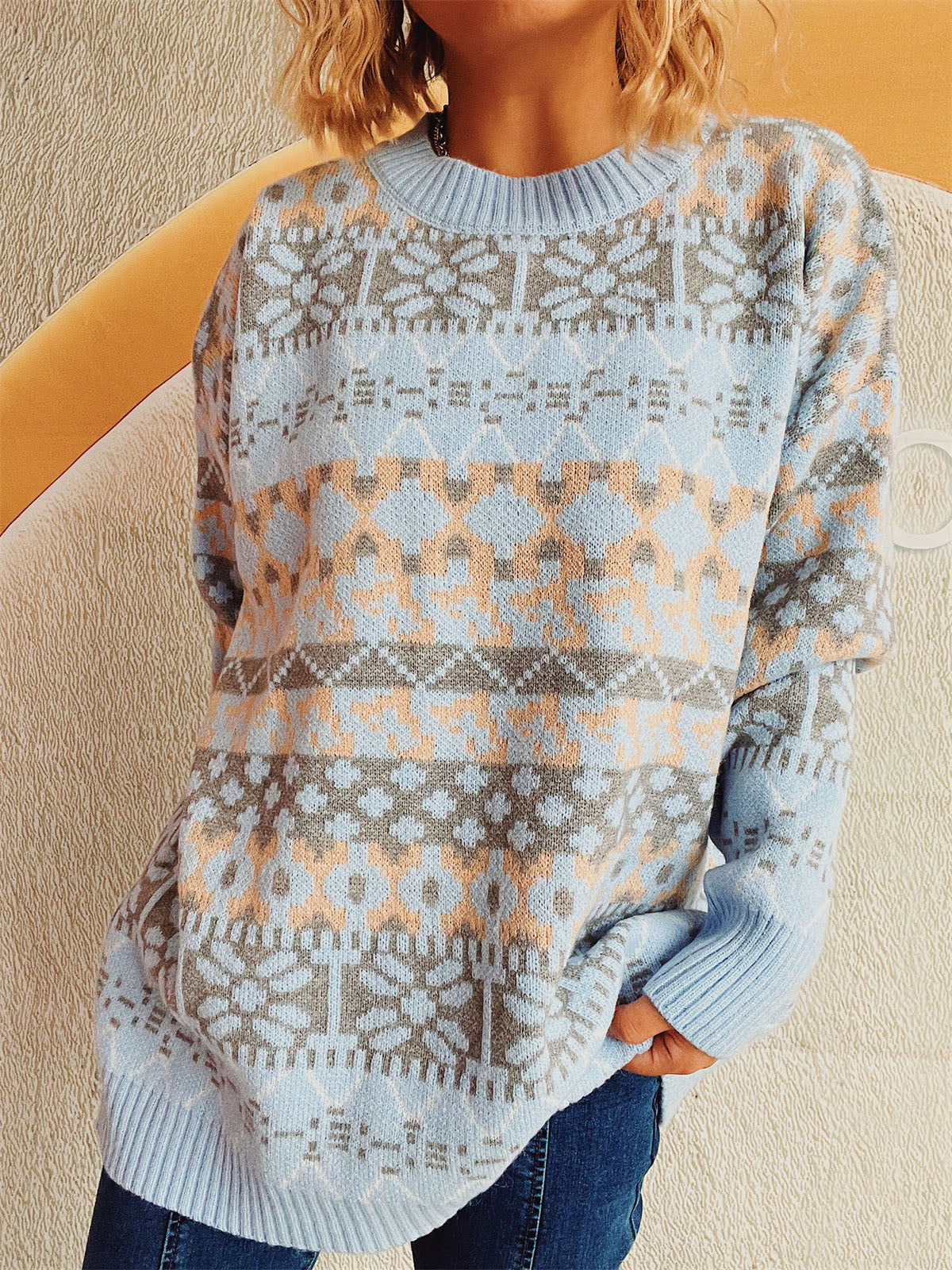 Geometric Round Neck Dropped Shoulder Sweater-Chaelisa's New Jammies
