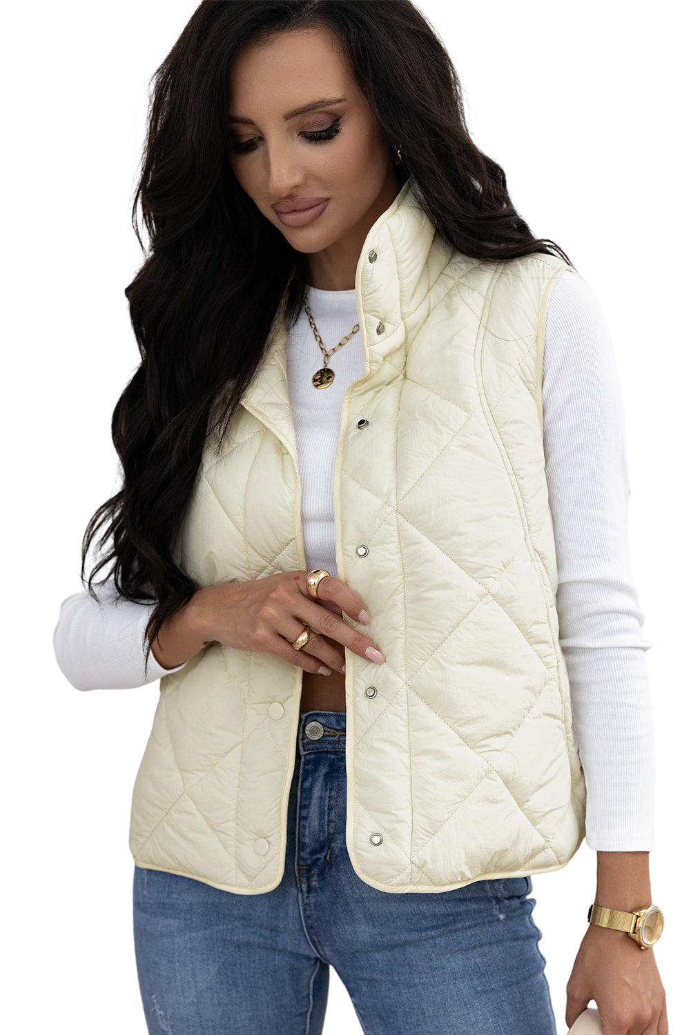 Beige Quilted High Neck Button Up Pocket Vest Coat-Chaelisa's New Jammies
