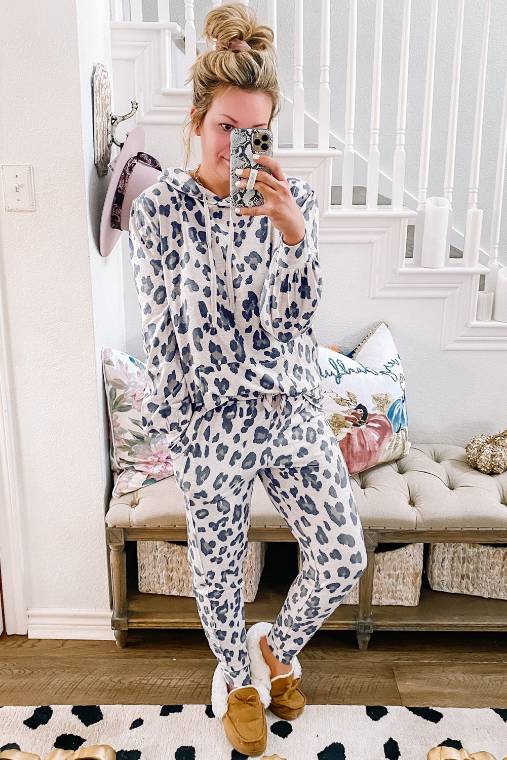 Khaki Leopard Print Drawstring Hoodie and Skinny Pants Pajama Set-Chaelisa's New Jammies