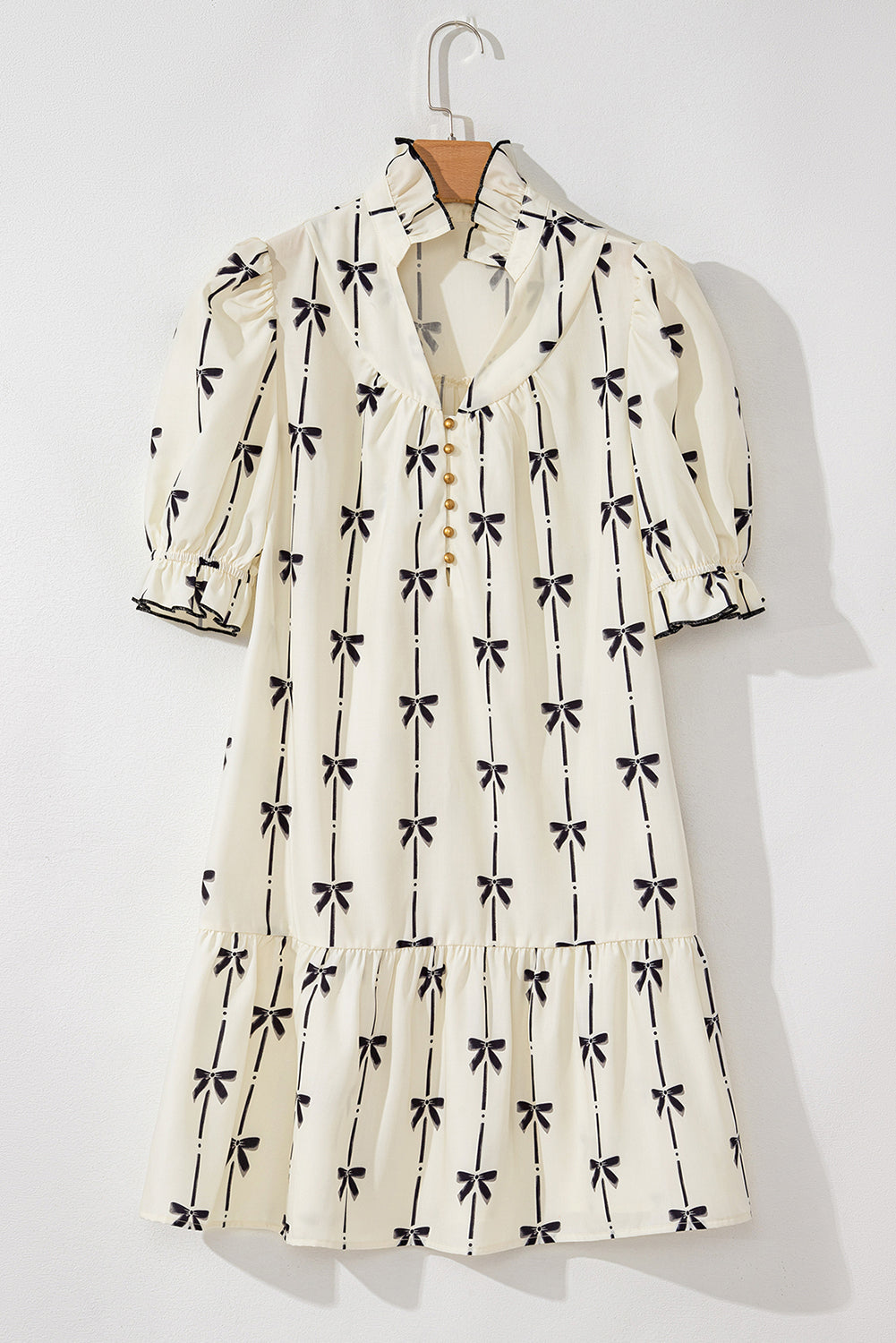 Beige Cute Bowknot Printed Bubble Sleeve V Neck Mini Dress-Chaelisa's New Jammies