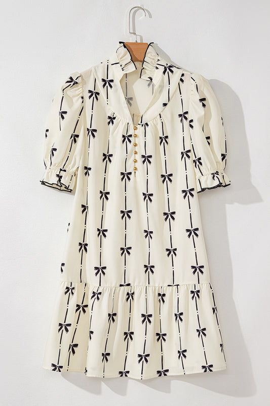 Beige Cute Bowknot Printed Bubble Sleeve V Neck Mini Dress-Chaelisa's New Jammies