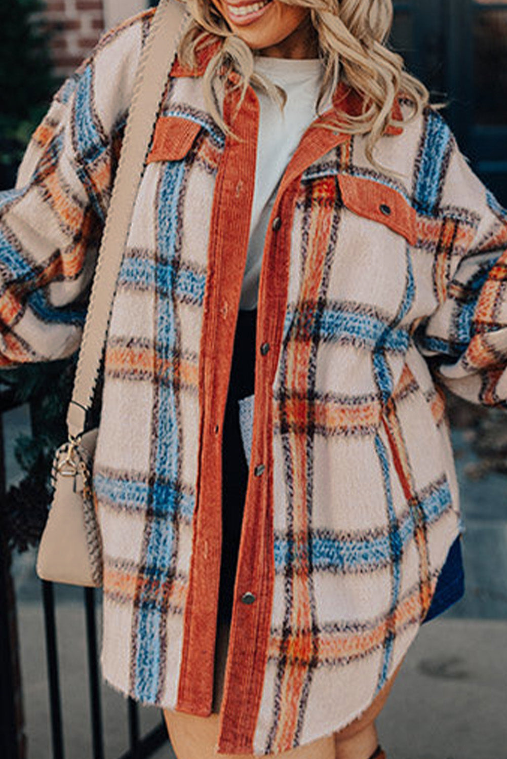 Brown Stripe Plus Size Plaid Print Collared Buttoned Jacket-Chaelisa's New Jammies