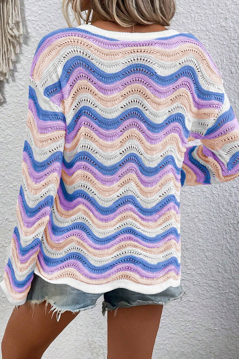 Purple Stripe Wavy Pointelle Knit Drop Shoulder Sweater-Chaelisa's New Jammies