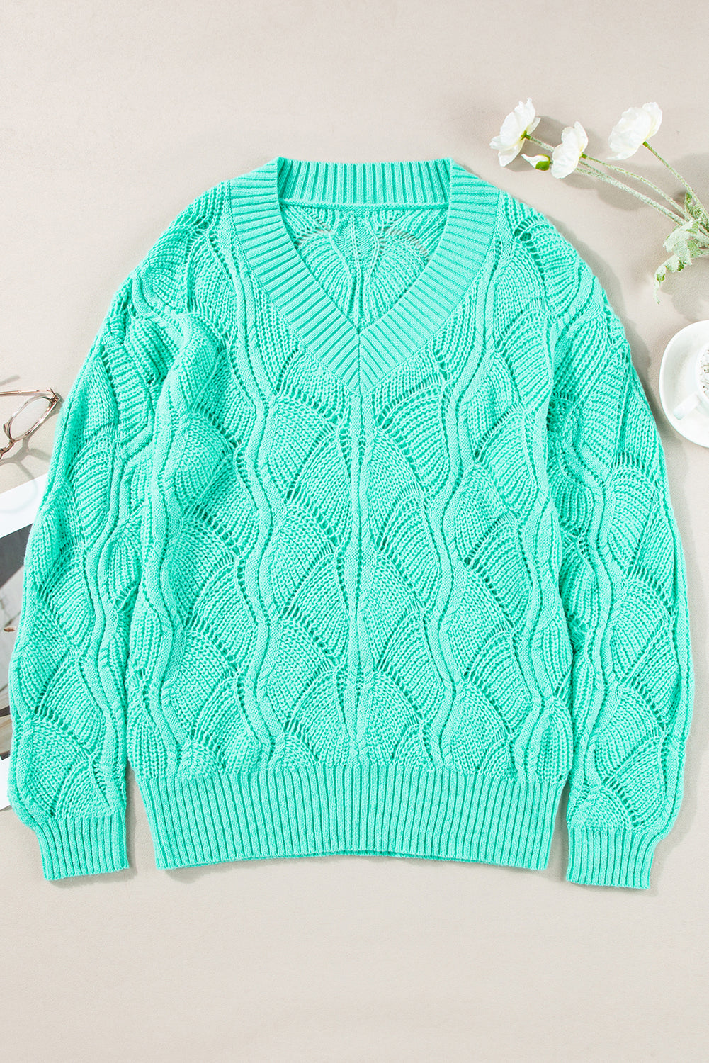 Mint Green Hollow Out Knit V Neck Drop Shoulder Sweater-Chaelisa's New Jammies
