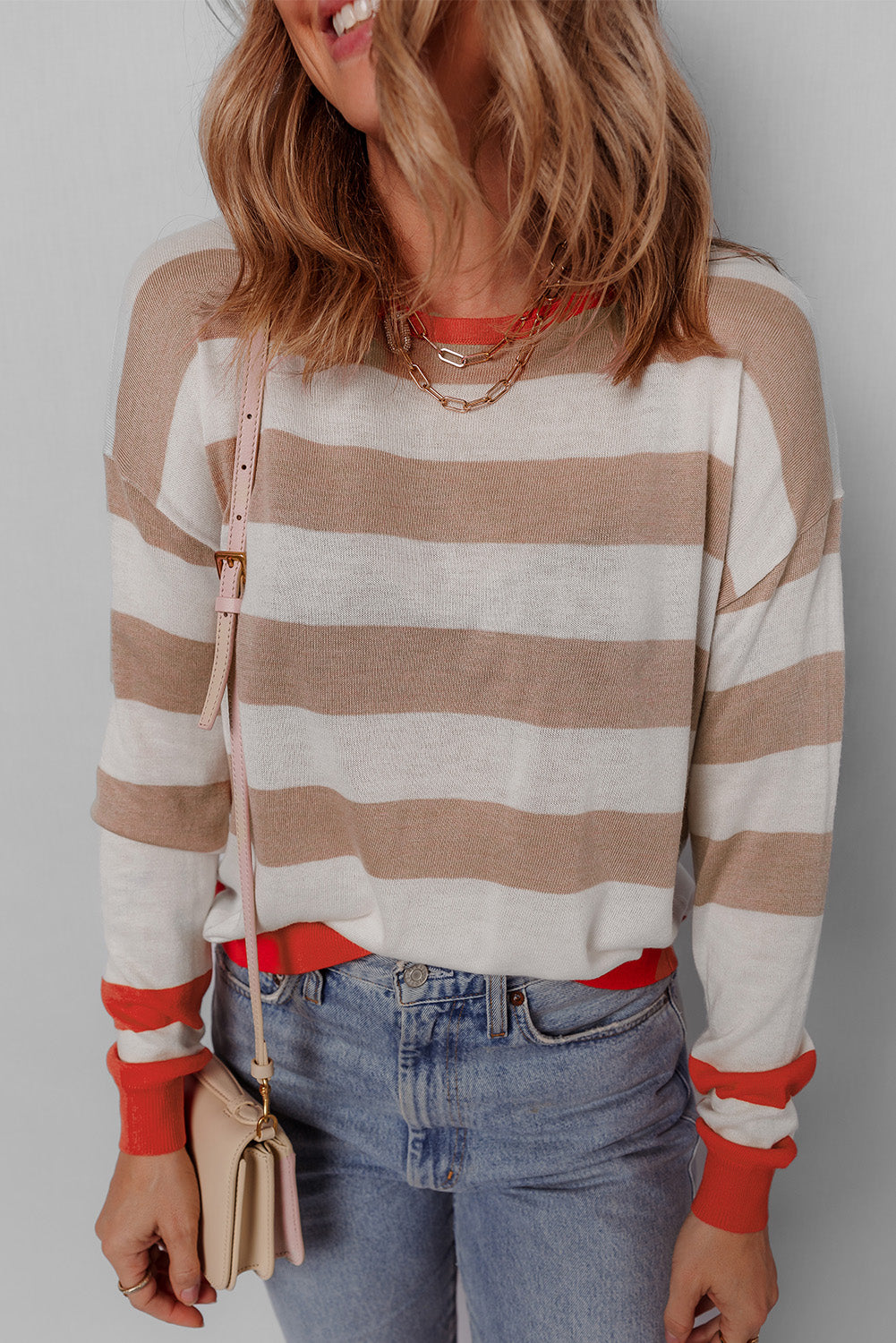 Apricot Colorblock Striped Round Neck Drop Shoulder Sweater-Chaelisa's New Jammies
