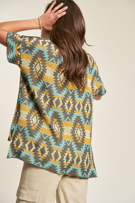Davi & Dani High-Low Geometric Round Neck Knit Top-Chaelisa's New Jammies