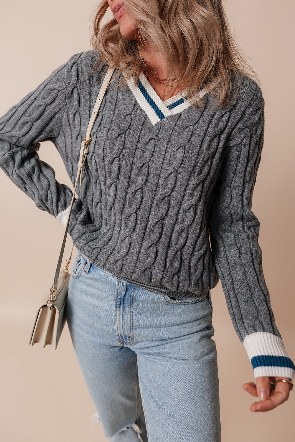 Medium Grey Color Contrast Ribbed Edge Cable Knit V Neck Sweater-Chaelisa's New Jammies