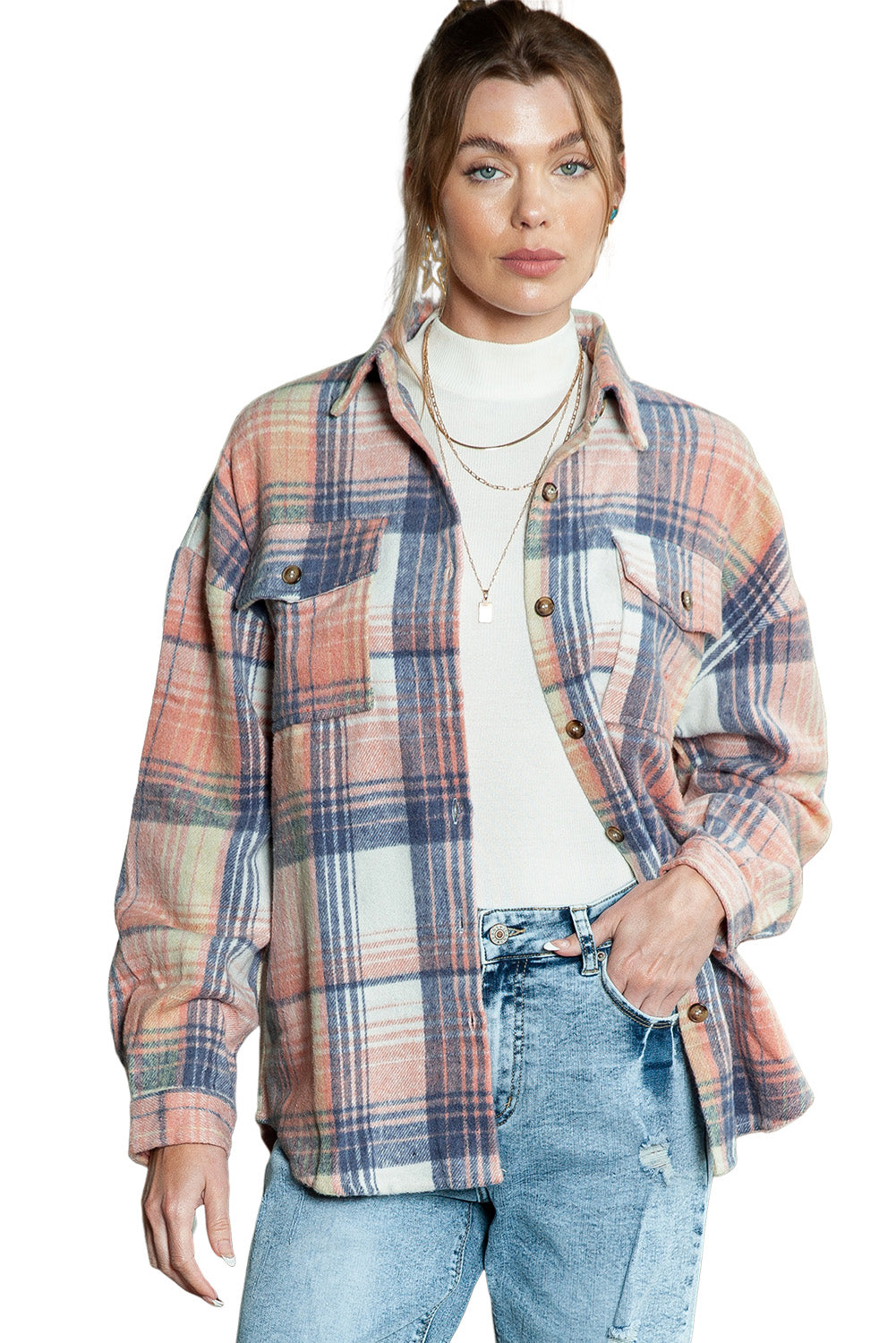 Pink & Grey Plaid Button Up Collared Flannel Shacket-Chaelisa's New Jammies