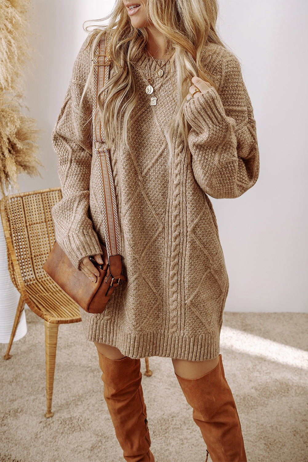 Parchment Cable Knit Drop Shoulder Loose Fit Sweater Dress-Chaelisa's New Jammies